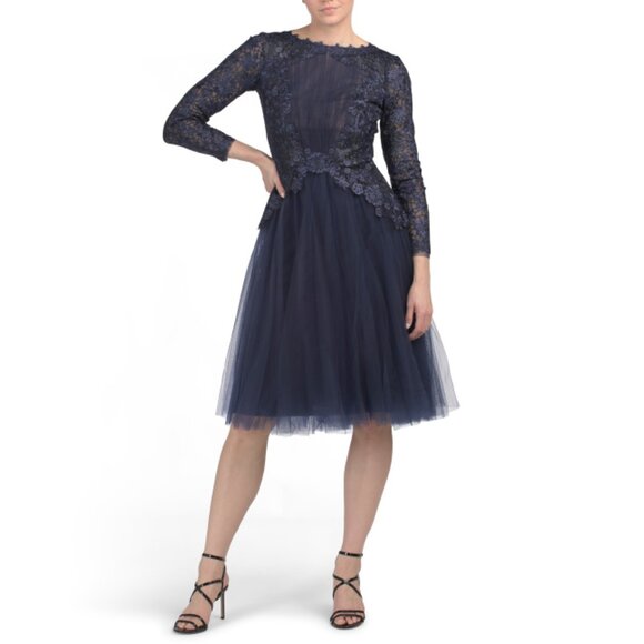 TADASHI SHOJI Midnight Lace Top Gown With Tulle Skirt